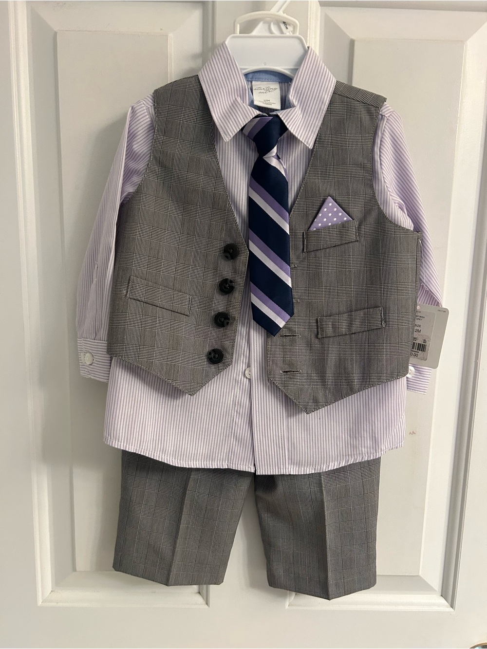 NWT-Starting Out Gray Plaid Vest & Pants Set with Lavender Shirt and Purple Tie